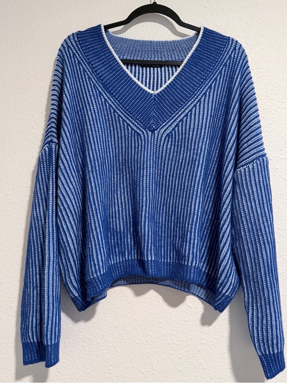 SHEIN Blue & White V-Neck Striped Knit Sweater